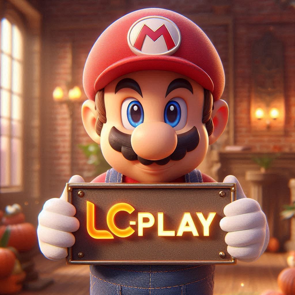 Personagem Mario segurando placa LC-PLAY